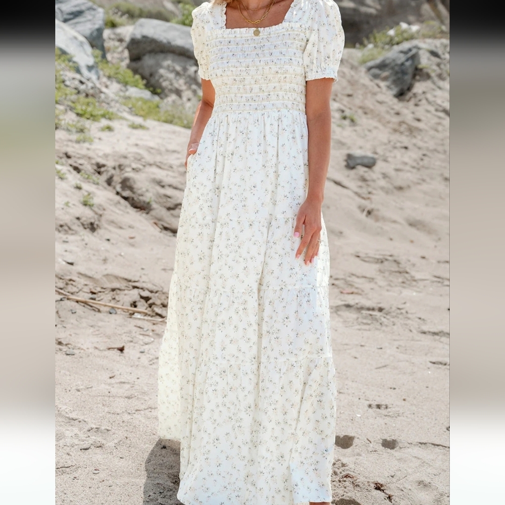 Smocked Square-Neck Maxi Dress in Cream Floral